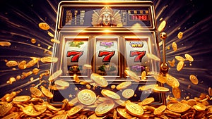 Golden slot machine wins the jackpot. Casino jackpot. 777. Big win concept. Close up. Generated AI