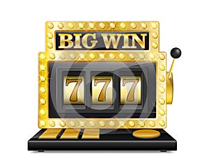 Golden slot machine wins the jackpot. lucky seven in gambling game Isolated on white background. Casino big win slot
