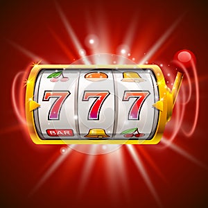 Golden slot machine wins the jackpot. on red background.