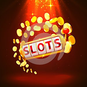 Golden slots machine wins the jackpot. Vector illustration isolated on white background.