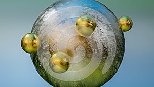 golden small balls on the surface of a silvery large sphere. abstract three-dimensional composition. 3d render
