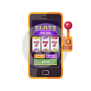 Golden smartphone with slots game on screen. Online casino flat illustration