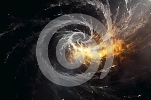 Golden smoking tornado spiral illustration on black background