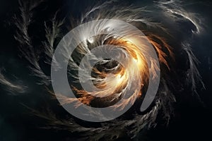 Golden smoking tornado spiral illustration on black background