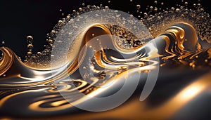 Golden smooth liquid waves and shiny particles abstract background. Generative AI