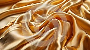 Golden smooth satin or silk texture background. Golden fabric abstract texture. Luxury satin cloth. Silky and wavy folds of silk