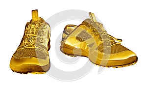 Golden sneakers white background isolated closeup, gold metal sport shoes, luxury running gumshoes, yellow metallic fitness boots