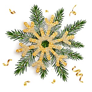 Golden snowflake on the branches of a fir tree with gold ribbons. Concept for greeting New Year and Christmas cards, banners,