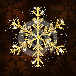 Golden snowflake decoration Christmas and New Year. Xmas background. Template for greeting card, banner or poster. Vector