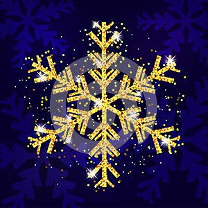 Golden snowflake decoration Christmas and New Year. Xmas navy blue background. Template for greeting card, banner or poster.