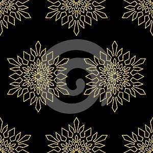 Golden snowflake flower mandala seamless pattern shining glitter background for chic design
