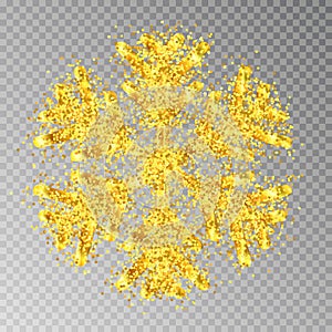 Golden snowflake with glitter isolated on transparent background. Christmas decoration with spray sp
