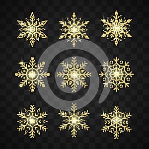 Golden Snowflake Set. New Year and Christmas decoration element. Shiny gold luxury flake collection. Vector illustration