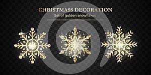 Golden Snowflake Set. New Year and Christmas decoration element. Shiny gold luxury flake. Vector illustration isolated