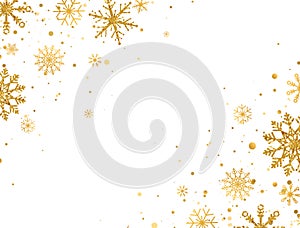 Golden snowflakes border with different ornaments. Gold falling snowflakes on white background. Luxury glitzy Christmas