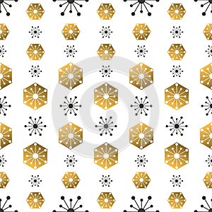 Golden snowflakes. Christmas snow background. Winter seamless, holiday pattern. New Year