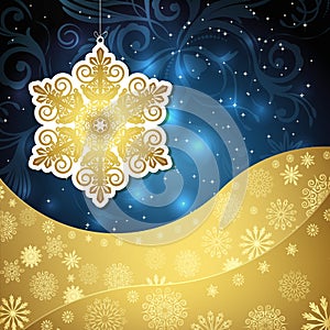 Golden snowflakes and frosty patterns on a dark blue background.