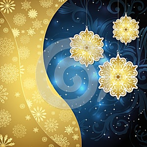 Golden snowflakes and frosty patterns on a dark blue background. Christmas background