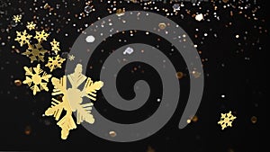 Golden snowflakes on the glittering black background. Christmas snowflakes background, nice design for greeting card, poster,