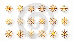 Golden snowflakes isolated on a white background for winter holidays decoration. Christmas and New Year,