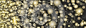 Golden snowflakes swirling on a black background. Falling snow at night. New Year, Christmas.