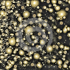 Golden snowflakes swirling on a black background. Falling snow at night. New Year, Christmas.