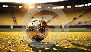 Golden soccer ball against spotlight professional an empty stadium sport football nobody