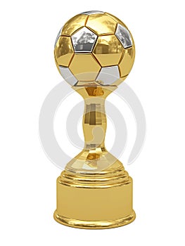 Golden soccer ball trophy on pedestal