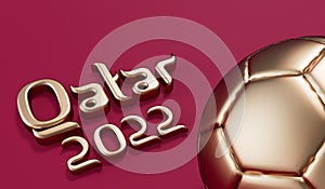 Golden soccer football with Qatar 2022 arabic style text. 3D Rendering