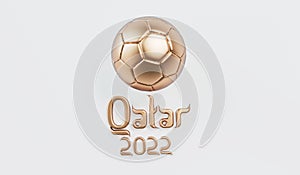Golden soccer football with Qatar 2022 arabic style text. 3D Rendering