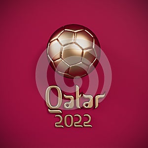 Golden soccer football with Qatar 2022 arabic style text. 3D Rendering