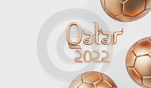 Golden soccer football with Qatar 2022 arabic style text. 3D Rendering