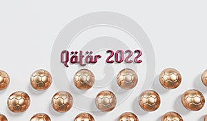 Golden soccer football with Qatar 2022 arabic style text. 3D Rendering