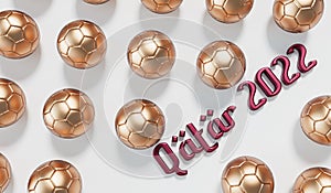 Golden soccer football with Qatar 2022 arabic style text. 3D Rendering