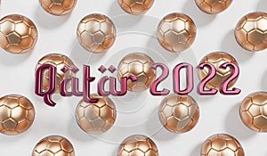 Golden soccer football with Qatar 2022 arabic style text. 3D Rendering