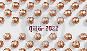 Golden soccer football with Qatar 2022 arabic style text. 3D Rendering