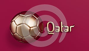 Golden soccer football with Qatar arabic style text. 3D Rendering