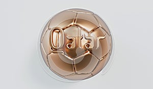 Golden soccer football with Qatar arabic style text. 3D Rendering