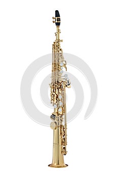 Golden Soprano Saxophone, Sax Music Instrument Isolated on White background