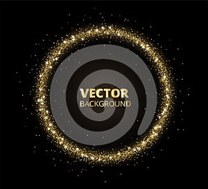 Golden sparkle background, glitter circle frame. Black and gold vector dust.