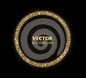 Golden sparkle background, glitter circle frame. Black and gold vector dust.