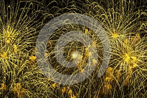 Golden sparkle firework on black, colorful fireworks sparkle in dark night sky. Festive colorful background