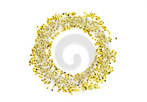 Golden sparkle glittering round frame on white background with copy space.  Holidays and glamour concept