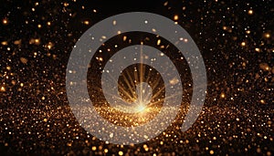 Golden sparkles exploding from a bright light on a dark background