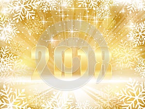 Golden sparkling 2018 New Years, Christmas background with snowflakes