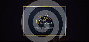Golden sparkling box frame with gold glitter effect. Square dark blue paper board badge on black background vector illustration.