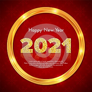 Golden sparkling frame and numbers 2021 with reflection and shadow on red snowflake background. Holiday gift card Happy