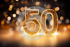 Golden sparkling number fifty on dark background with bokeh lights. Symbol 50. Invitation for a fiftieth birthday party