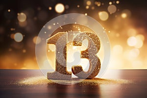 Golden sparkling number thirteen on dark background with bokeh lights. Symbol 13. Invitation for a thirteenth birthday