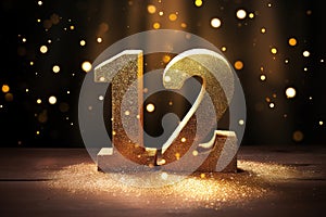 Golden sparkling number twelve on dark background with bokeh lights. Symbol 12. Invitation for a twelfth birthday party